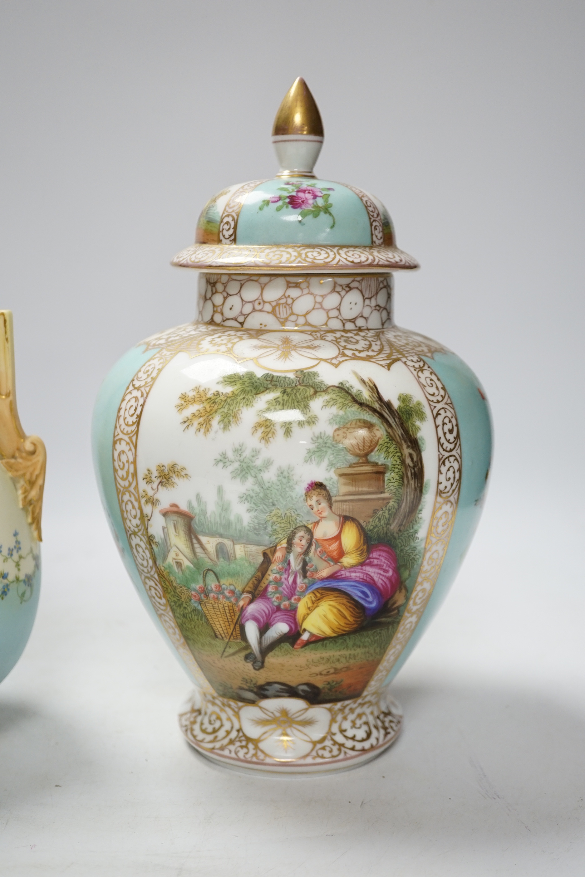 A Dresden vase and cover together with a Worcester vase , 1539 shape, tallest 27cm